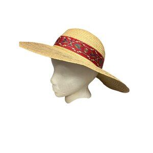 Wide Brim Straw Sun Hat With Red Aztec Ribbon Band & Bow
